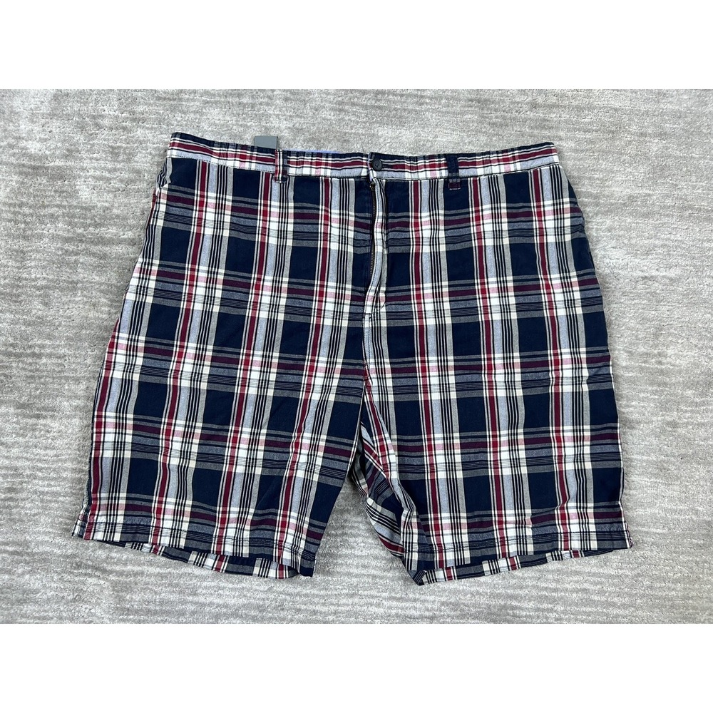 Savane Shorts Mens 44 Navy Blue Red White Plaid Cotton Flat Front Casual Classic